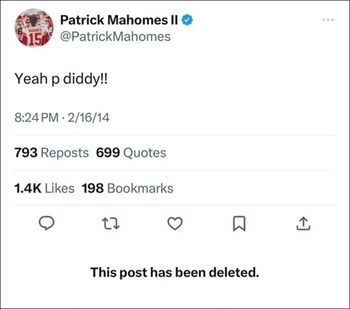 Patrick Mahomes removes P. Diddy tweet