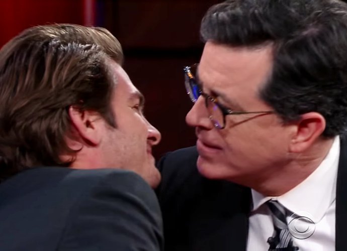 Andrew Garfield Recreates That Golden Globes Kiss With  Stephen Colbert