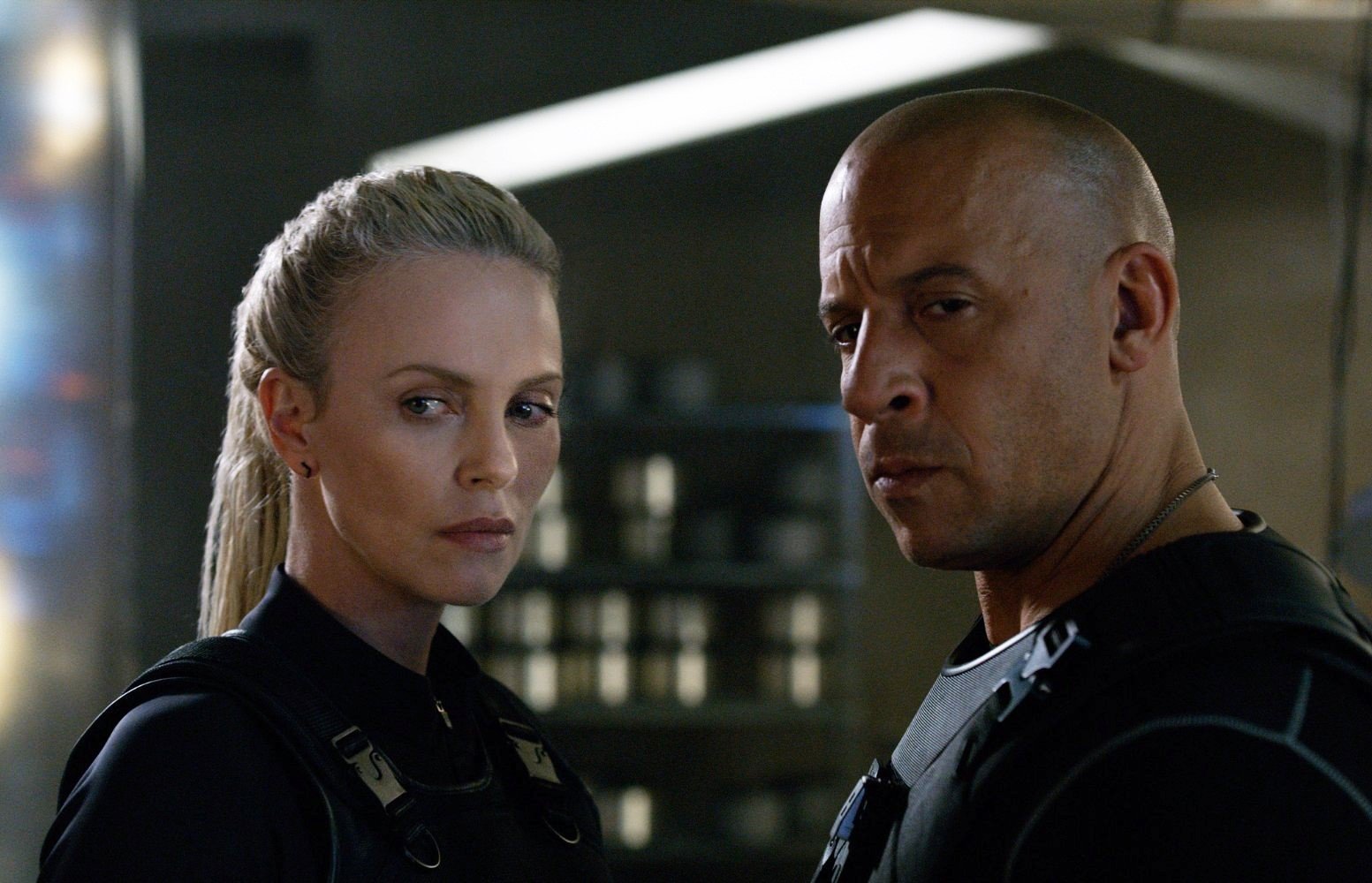Charlize Theron stars as Cipher and Vin Diesel stars as Dominic Toretto in Universal Pictures' The Fate of the Furious (2017)
