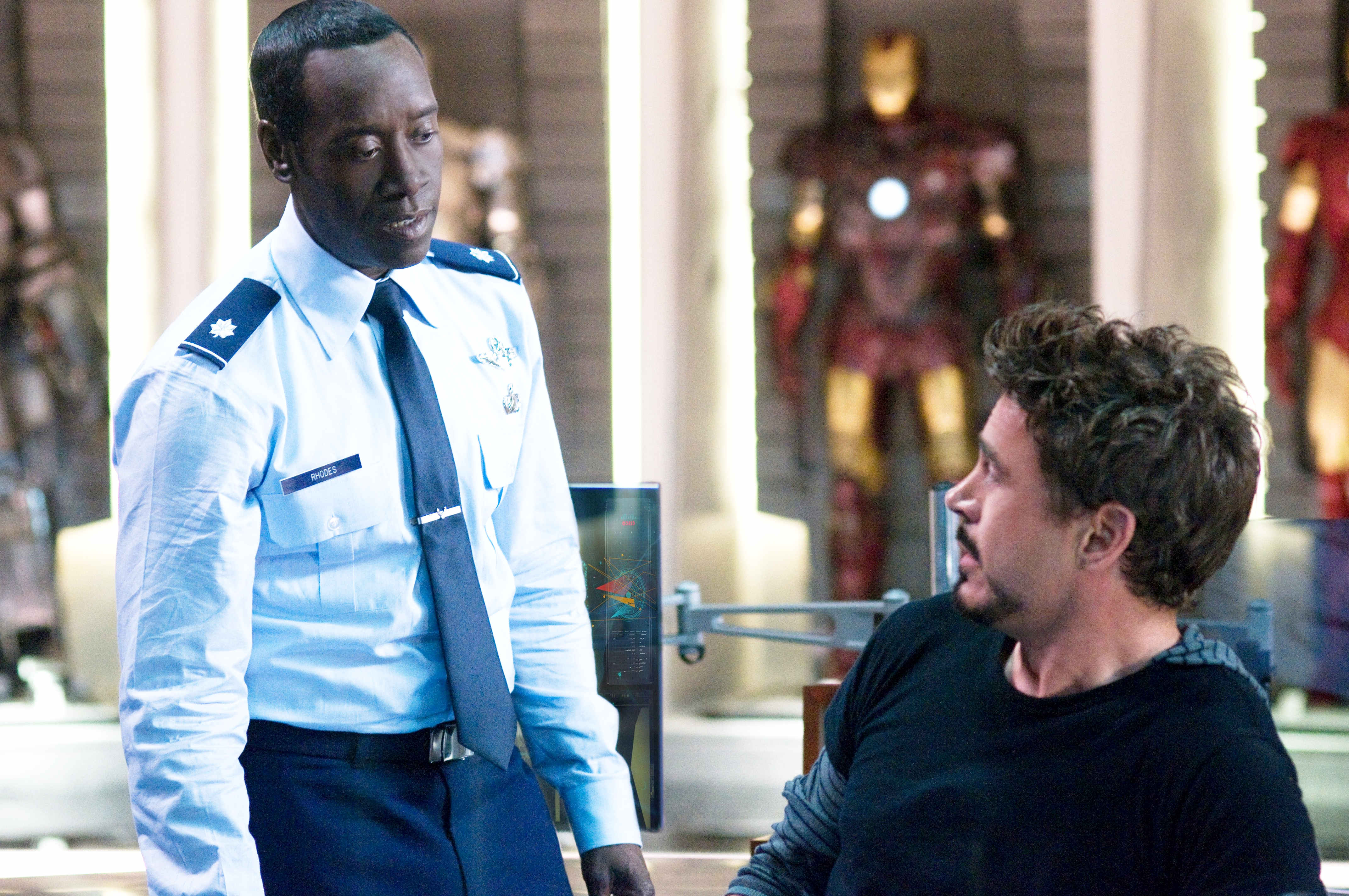 Don Cheadle stars as Col. James 'Rhodey' Rhodes and Robert Downey Jr. stars as Tony Stark/Iron Man in Paramount Pictures' Iron Man 2 (2010)