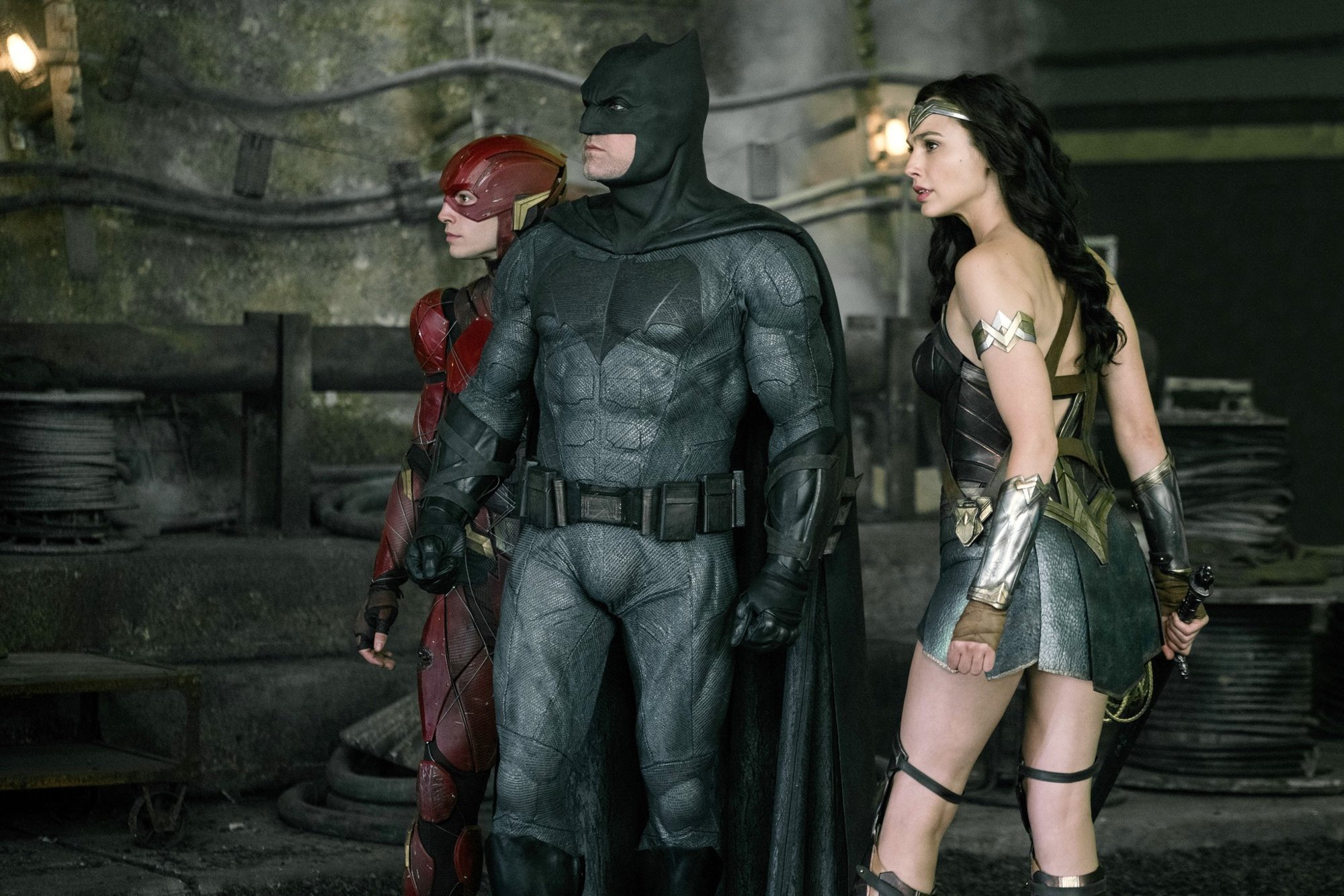 Ezra Miller, Ben Affleck and Gal Gadot in Warner Bros. Pictures' Justice League (2017)