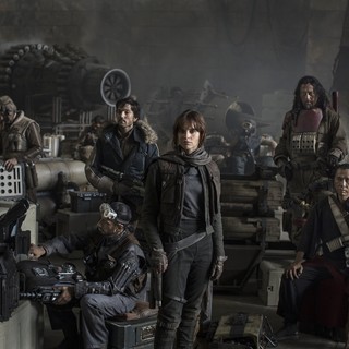 Diego Luna, Riz Ahmed, Felicity Jones, Wen Jiang and Donnie Yen in Walt Disney Pictures' Rogue One: A Star Wars Story (2016)