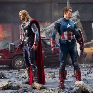 Chris Hemsworth stars as Thor and Chris Evans stars as Steve Rogers/Captain America in Walt Disney Pictures' The Avengers (2012)