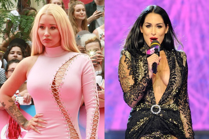 Iggy Azalea Goes Commando in Racy Lace-Up Dress at MMVAs, Nikki Bella Rocks Plunging Sheer Gown