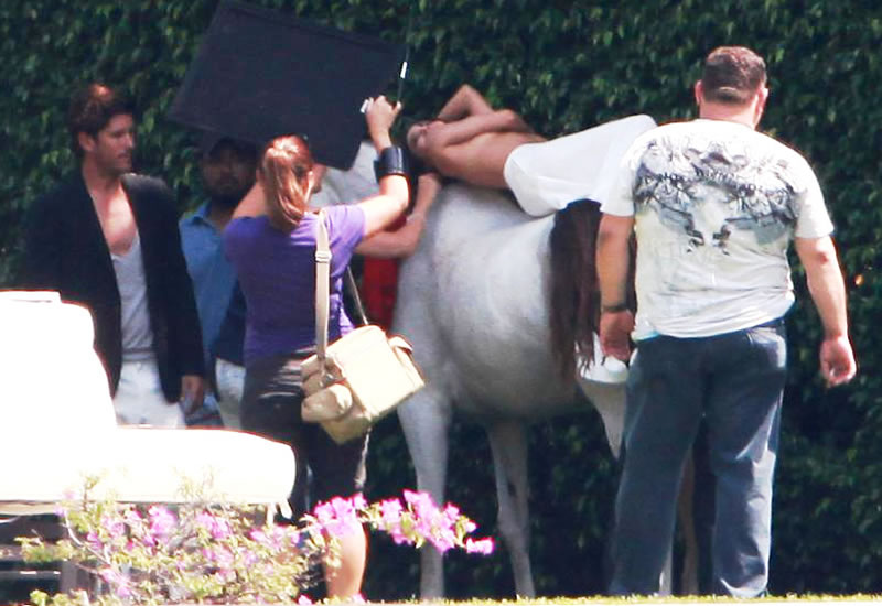 Topless Eva Longoria Mounts White Horse for Photoshoot