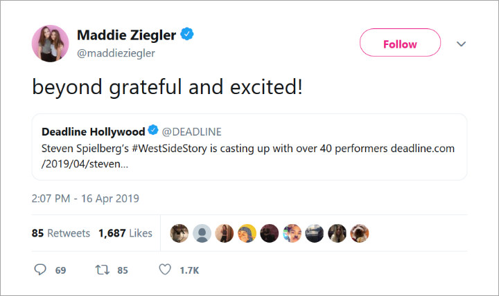 Maddie Ziegler Reacts to 'West Side Story' Casting News on Twitter