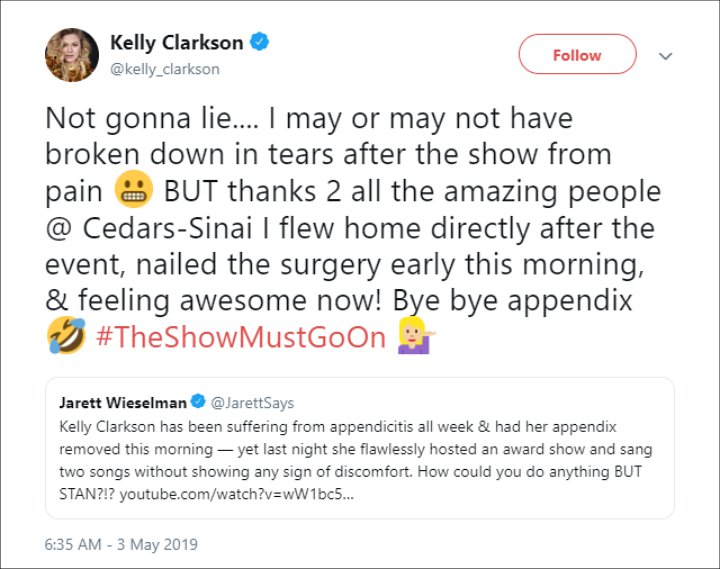 Kelly Clarkson Gives Update After Emergency Appendix Surgery