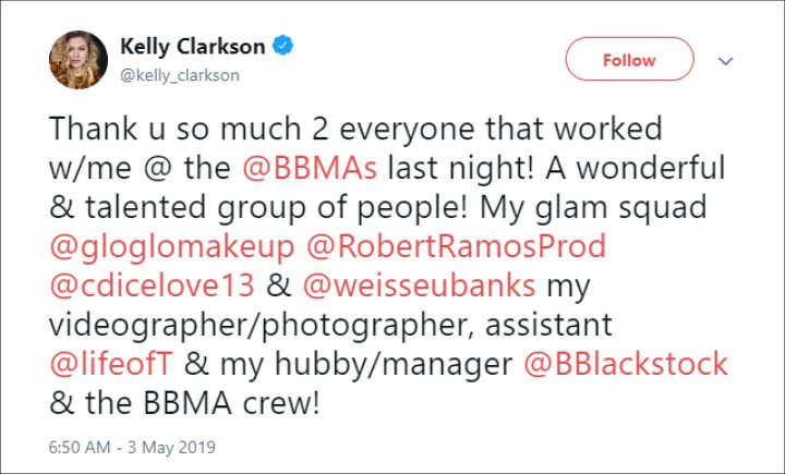 Kelly Clarkson Thanks Her Crew for BBMAs Performance