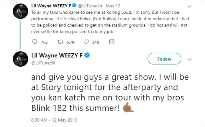 Lil Wayne's cancellation announcement.