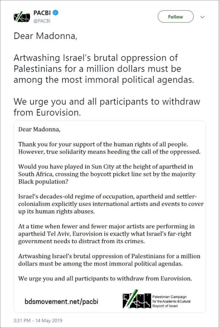 Palestinian Activists Urge Madonna to Cancel Eurovision Performance