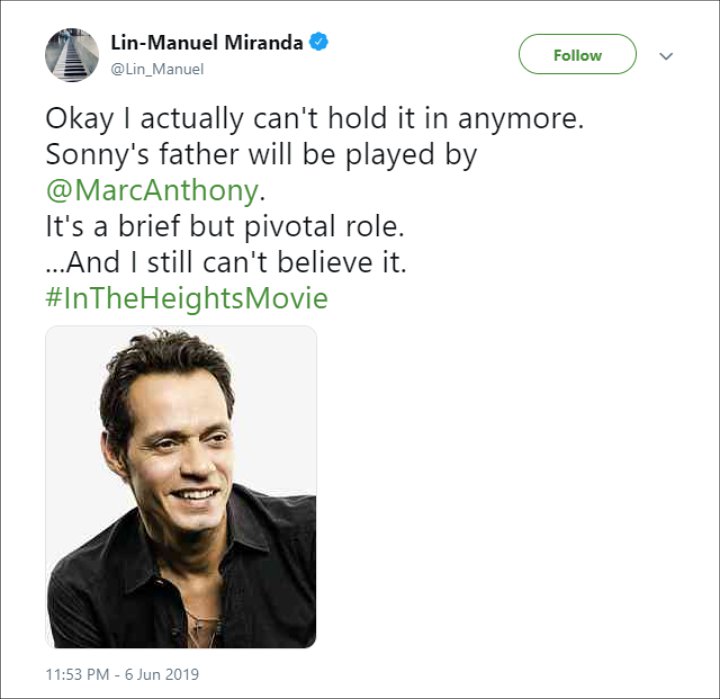 Lin-Manuel Miranda Announces Marc Anthony's Role in 'In the Heights' Movie Adaptation