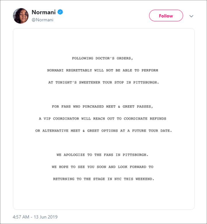 Normani Kordei's show cancellation announcement.