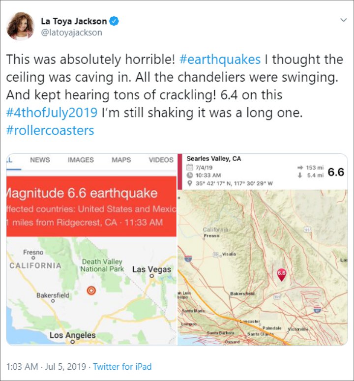 La Toya Jackson Tweets About Los Angeles Earthquake