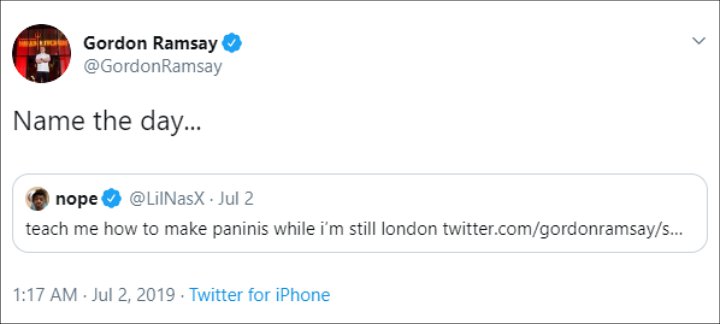 Gordon Ramsay Responds to Lil Nas X's Request to Teach Him How to Make Panini