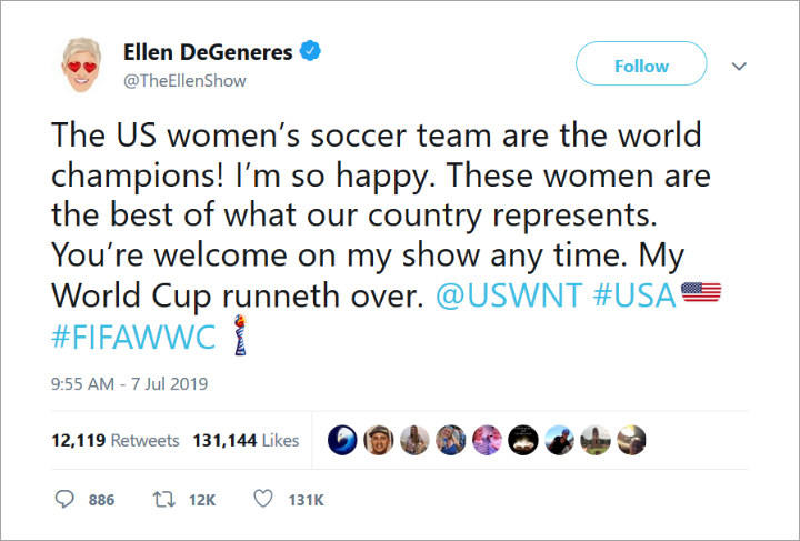 Ellen DeGeneres Lauds U.S. Women's Soccer Team for Winning 2019 World Cup