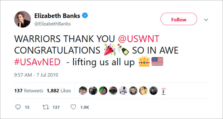 Elizabeth Banks Lauds U.S. Women's Soccer Team for Winning 2019 World Cup