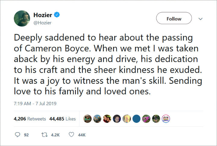 Hozier Bob Iger Pays Tribute to Cameron Boyce