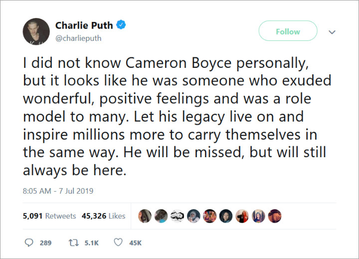 Charlie Puth Bob Iger Pays Tribute to Cameron Boyce