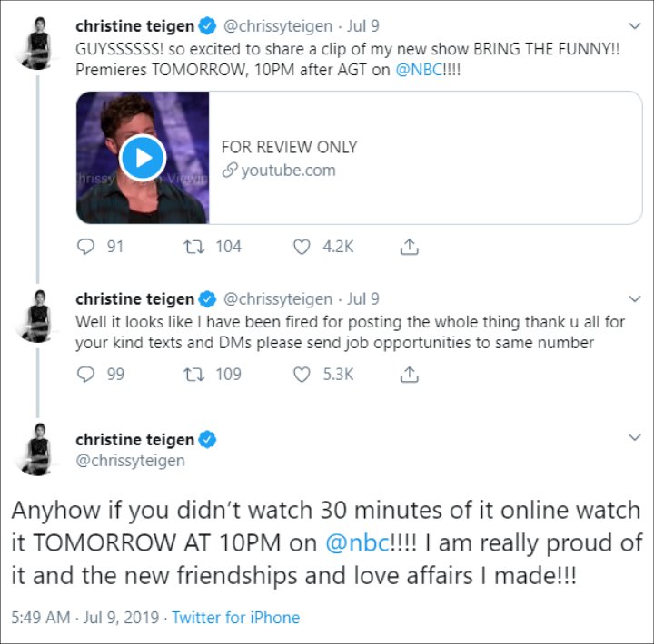 Chrissy Teigen Jokes After Accidentally Tweeting Full Episode of 'Bring the Funny'