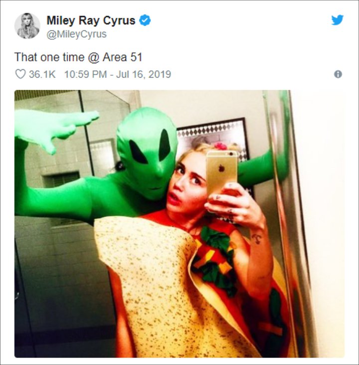 Miley Cyrus Joins in Viral 'Raid Area 51' Joke