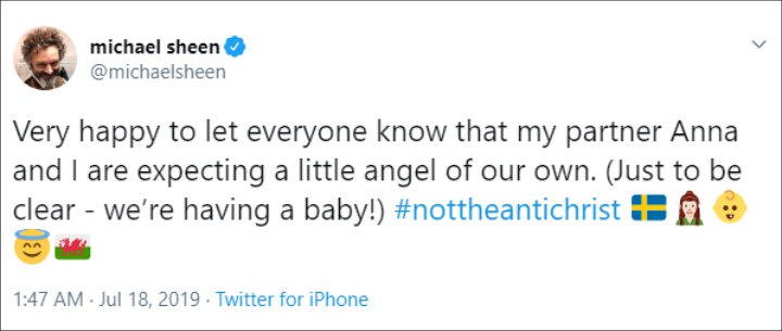 Michael Sheen Announces His Girlfriend Anna Lundberg Is Pregnant