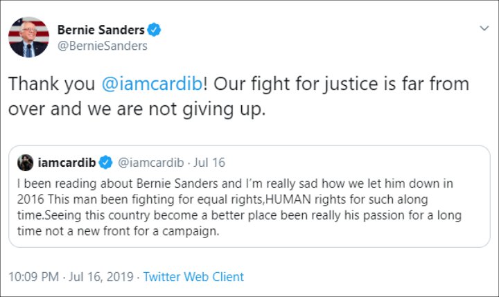 Bernie Sanders Thanks Cardi B for Her Support