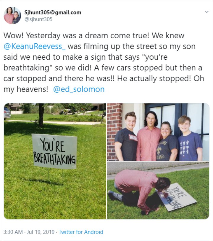 Keanu Reeves Leaves Sweet Message on Fans' Yard Sign