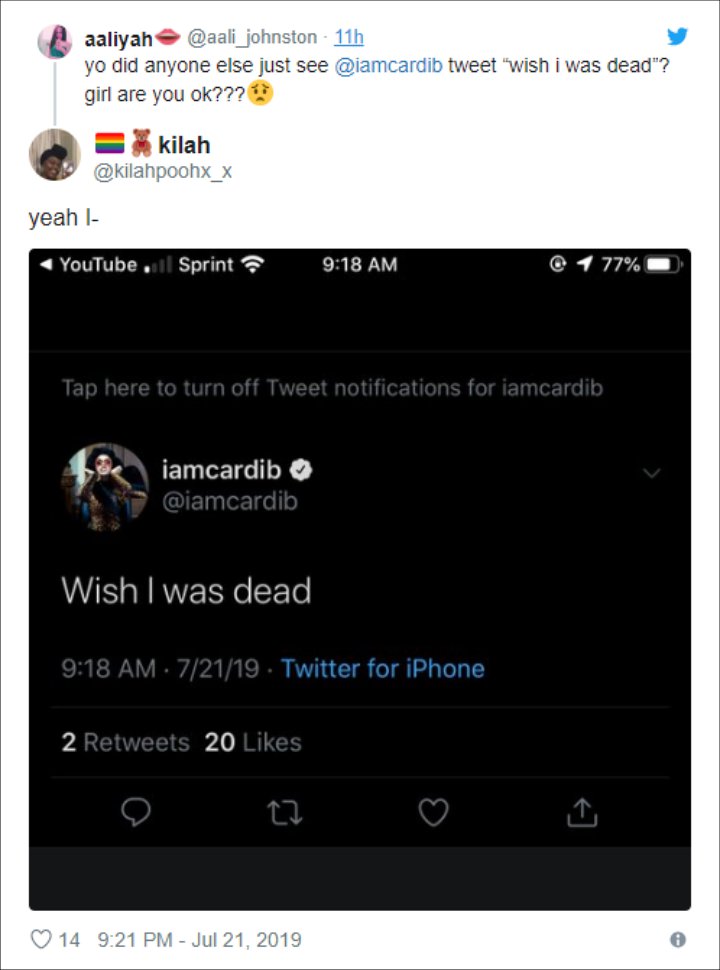 Cardi B Sparks Concerns After Posting Suicidal Tweet