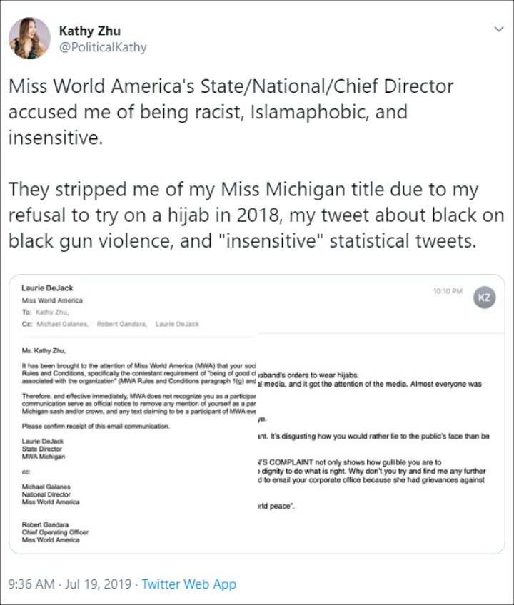 Kathy Zhu Brings to Light Removal of Her Miss Michigan Title