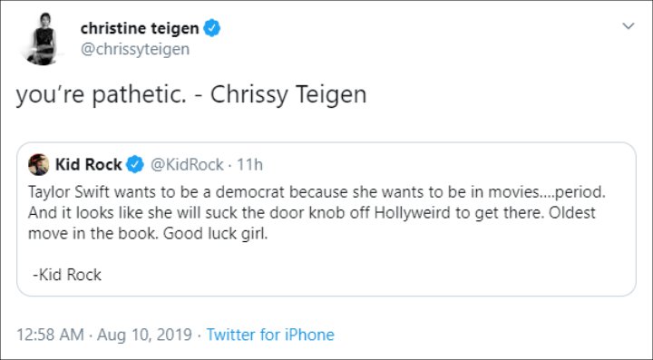 Chrissy Teigen Slams Kid Rock for Attacking Taylor Swift Over Her Political Stance
