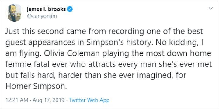 James L. Brooks Announces Olivia Colman's Guest Role on 'The Simpsons'