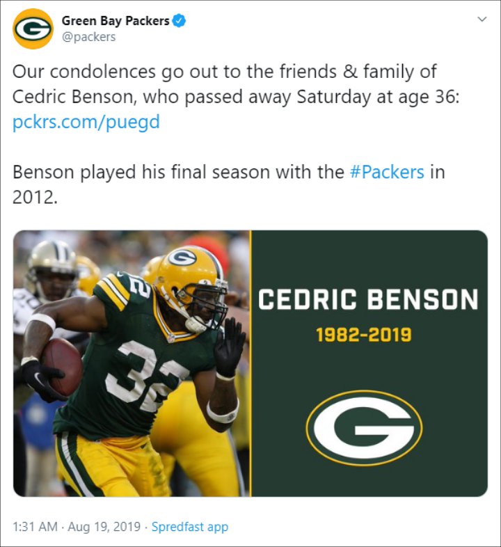 Green Bay Packers Releases a Statement on Cedric Benson's Death