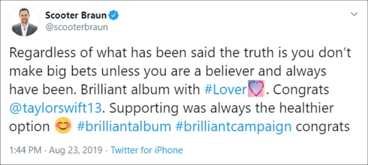 Scooter Braun Congratulates Taylor Swift on Her New Album 'Lover'
