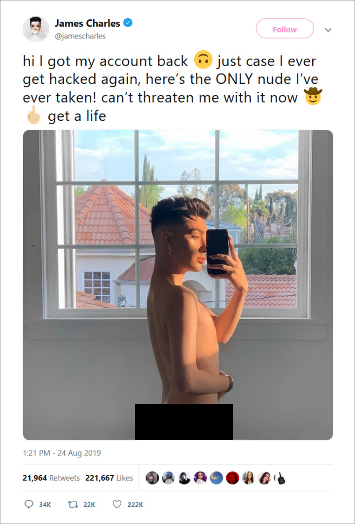 James Charles Shares Nude Picture to Regain Control of His Twitter Account