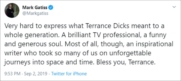 Mark Gatiss Pays Tribute to 'Doctor Who' Writer Terrance Dicks