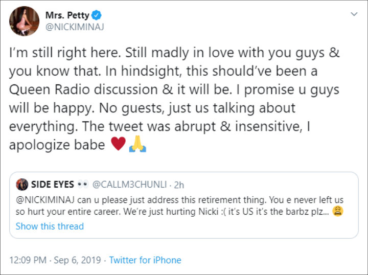 Nicki Minaj Apologizes for Her Retirement Announcement