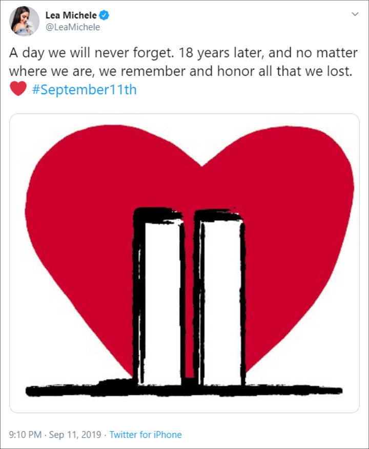 Lea Michele Pays Tribute on 18th Anniversary of 9/11