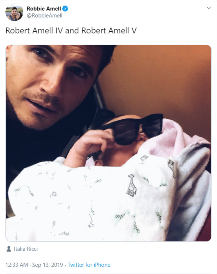 Robbie Amell tweets with new baby