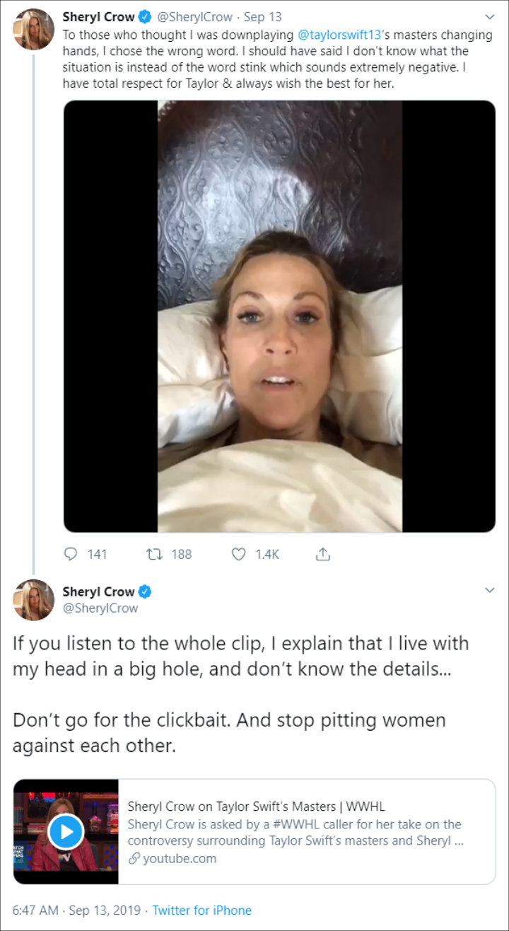 Sheryl Crow Defends Herself About Her Comment on Taylor Swift's Masters Drama
