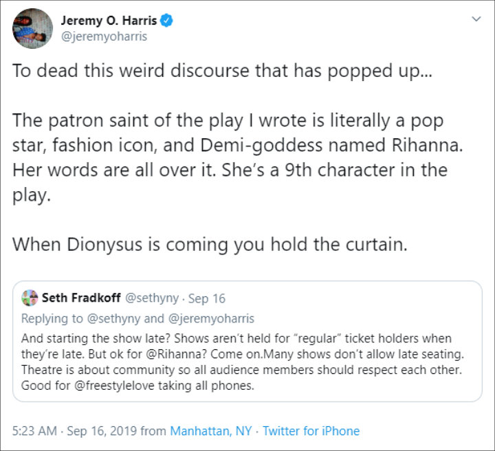 Jeremy O. Harris explained his decision to delay his play for Rihanna
