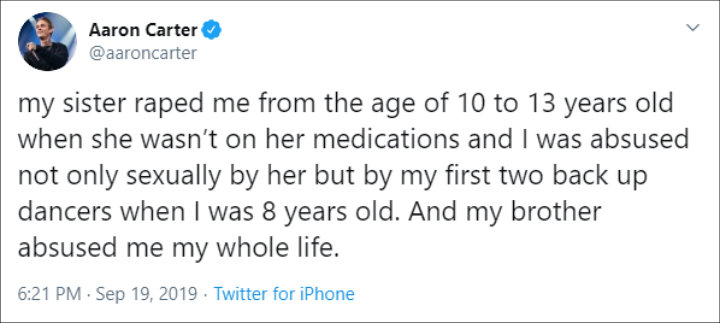 Aaron Carter Alleges Late Sister of Raping Him