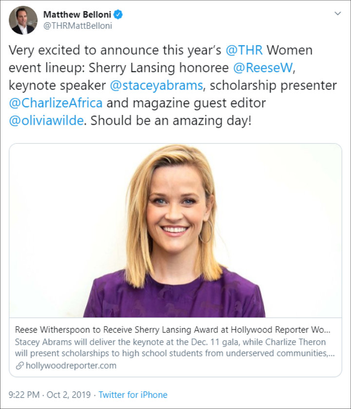 Reese Witherspoon will be honored with Sherry Lansing Leadership Award
