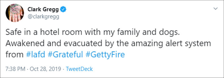 Clark Gregg Tweets About Mandatory Evacuation Due to Getty Fire