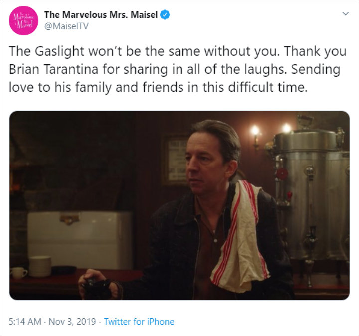 'The Marvelous Mrs. Maisel' Official Twitter Account Pays Tribute to Brian Tarantina