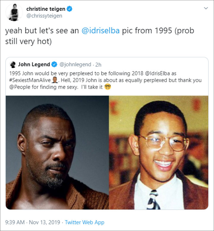 Chrissy Teigen compares husband John Legend with Idris Elba
