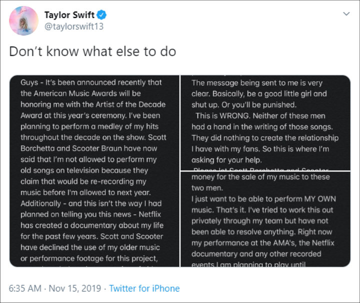 Taylor Swift Rants on Twitter After Being Blocked From Performing Her Old Songs