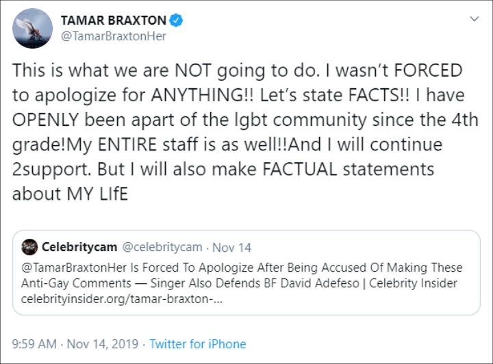 Tamar Braxton responds to anti-gay comments
