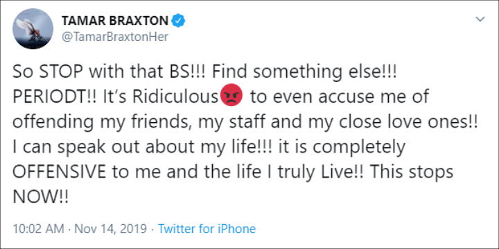 Tamar Braxton calls the accusation a 'BS'