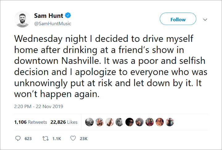 Sam Hunt apologizes on Twitter