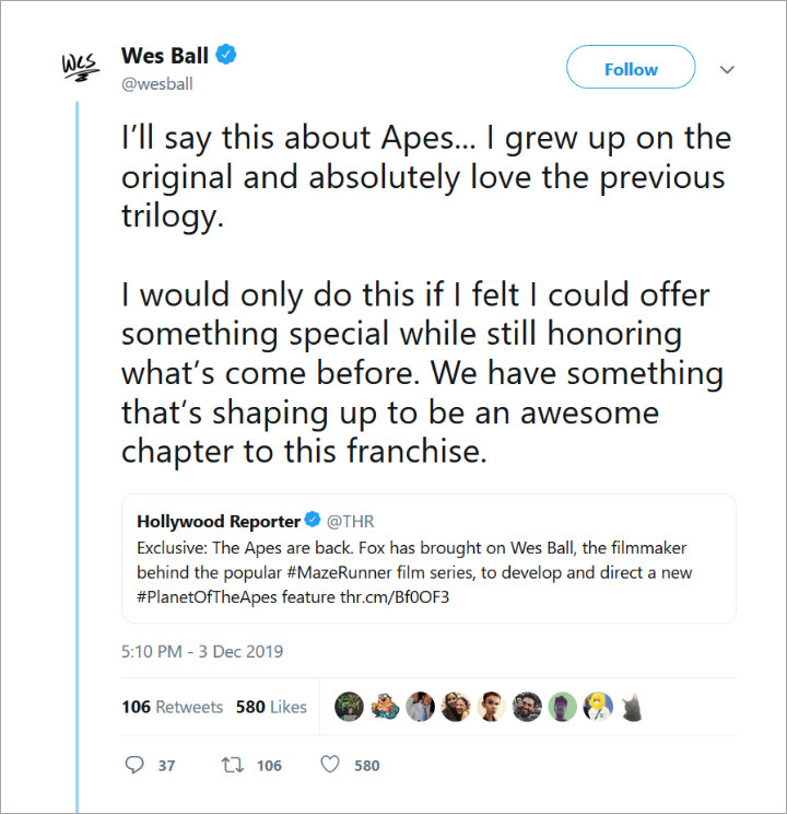 Wes Ball Confirms His Involvement in New 'Planet of the Apes' Movie